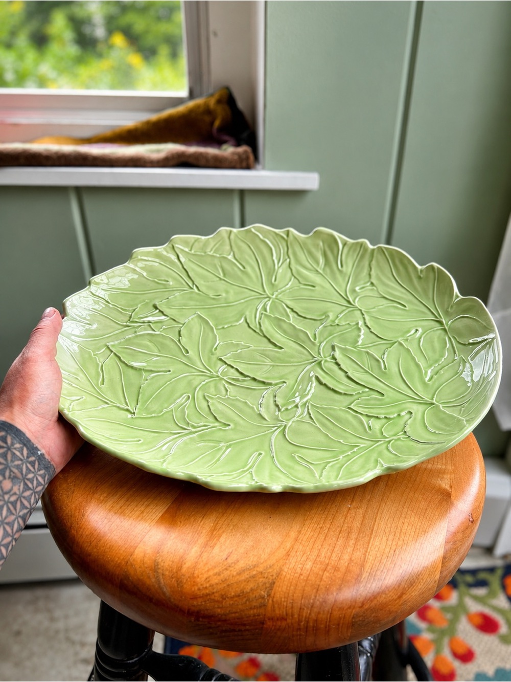 Vintage Maioliche Jessica Green Majolica Leaf Serving Platter Italy 14 inch